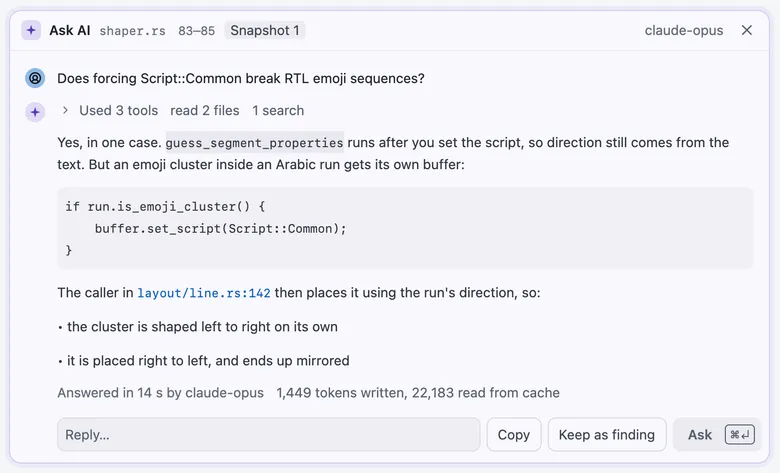An answered question in the Ask AI panel: the tools used, the answer with a code block and a file link, the model and tokens, and Reply, Copy, Keep as finding and Ask
