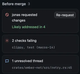 Before merge with three rows: jonas requested changes with Re-request, 2 checks failing, and 1 unresolved thread