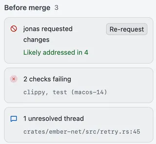 Before merge with three rows: jonas requested changes with Re-request, 2 checks failing, and 1 unresolved thread