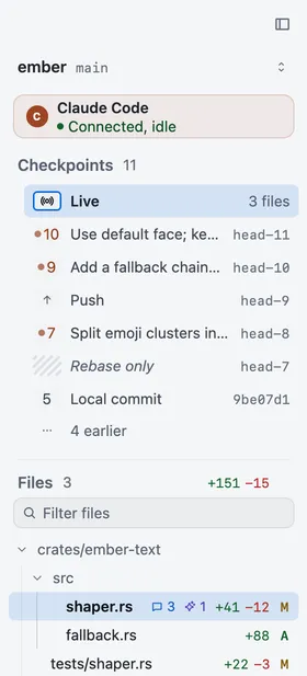 The Checkpoints list in the sidebar under a connected Claude Code session, with agent turns, a push, a rebase-only checkpoint and a local commit