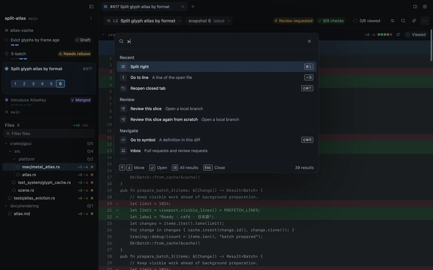 The command palette listing commands in groups, each with its key on the right