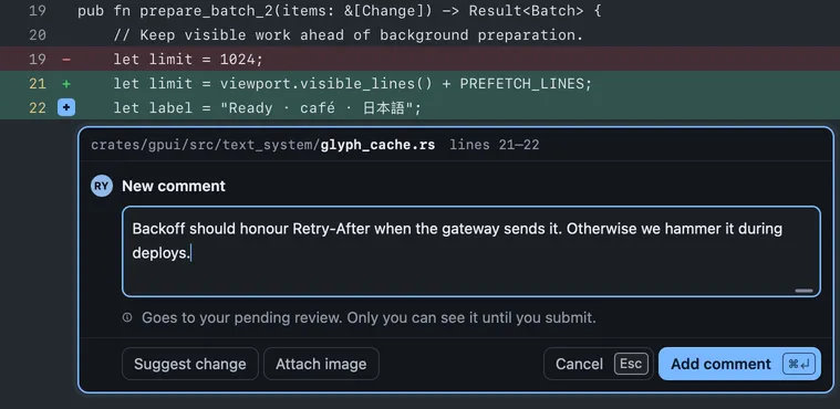 A comment being written on two lines, with the Suggest change, Attach image, Cancel and Add comment buttons