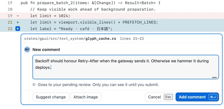 A comment being written on two lines, with the Suggest change, Attach image, Cancel and Add comment buttons