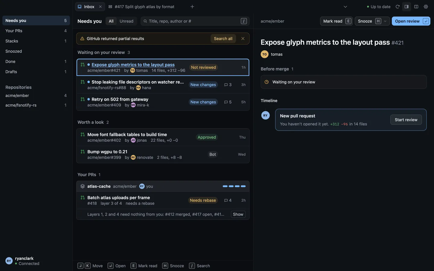The Inbox on Needs you, with pull requests waiting for review, worth a look and your own, and the preview pane showing the selected one