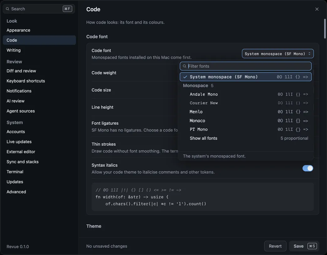 The Code font picker open in Settings › Code, listing the monospaced fonts installed on this Mac