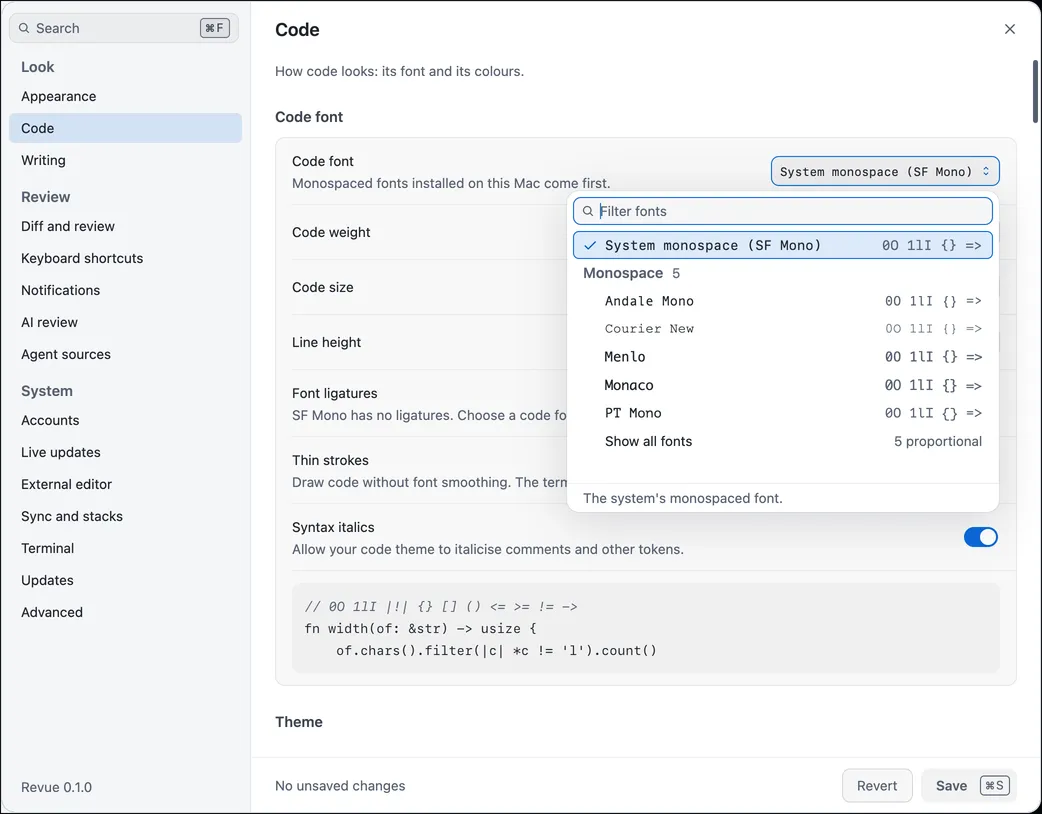 The Code font picker open in Settings › Code, listing the monospaced fonts installed on this Mac