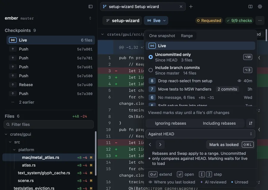The scope menu on a local branch with Live chosen, Uncommitted only and Include branch commits under it, then the branch’s checkpoints