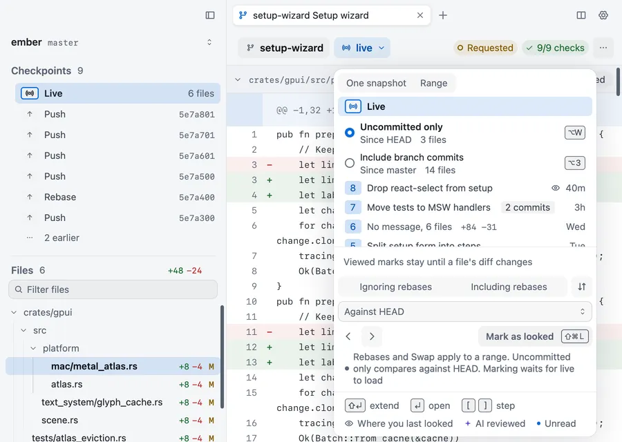 The scope menu on a local branch with Live chosen, Uncommitted only and Include branch commits under it, then the branch’s checkpoints