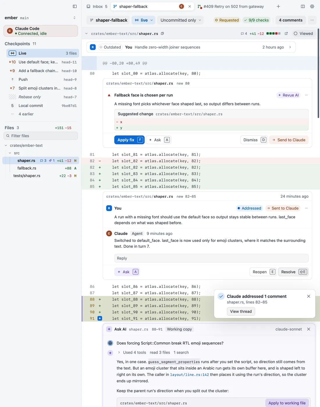 A local branch with a comment marked Addressed and Sent to Claude, Claude’s reply under it, and a Resolve button