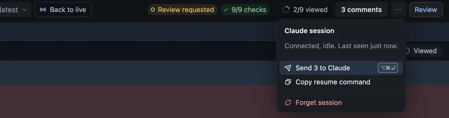 The Claude session menu saying Connected, idle, with Send 3 to Claude, Copy resume command and Forget session