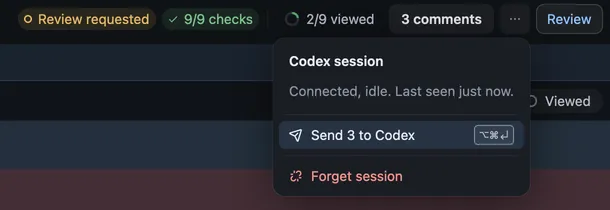 The Codex session menu saying Connected, idle, with Send 3 to Codex and Forget session