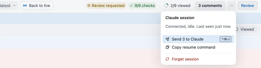 The Claude session menu saying Connected, idle, with Send 3 to Claude, Copy resume command and Forget session