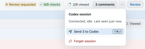 The Codex session menu saying Connected, idle, with Send 3 to Codex and Forget session
