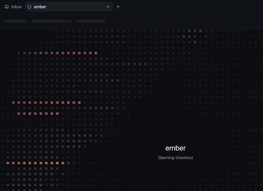A tab named ember while Revue is opening the checkout