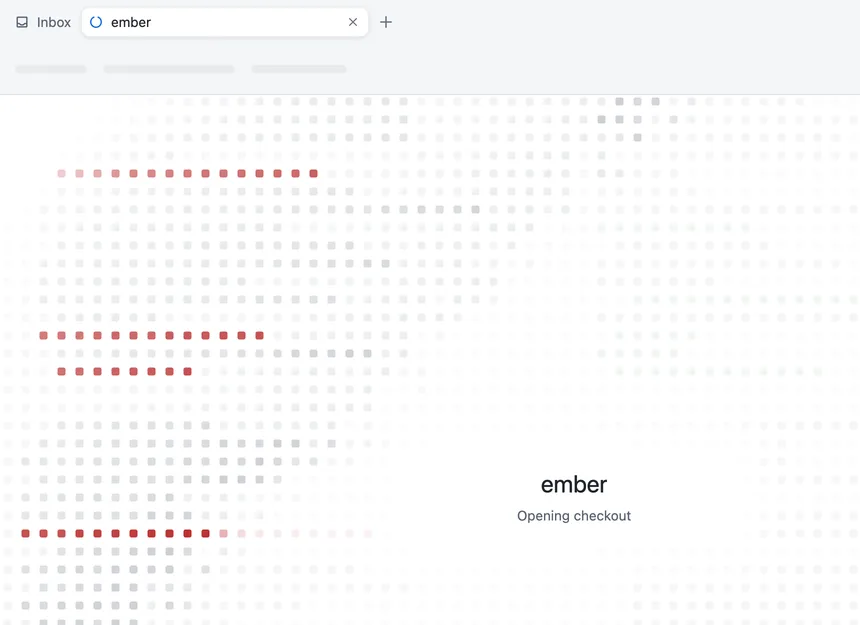 A tab named ember while Revue is opening the checkout