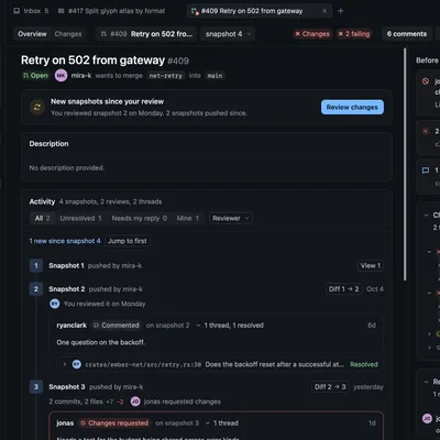 A pull request open in Revue, with its files, its Overview timeline and the column of what stands before merge, checks and reviewers