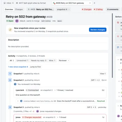 A pull request open in Revue, with its files, its Overview timeline and the column of what stands before merge, checks and reviewers