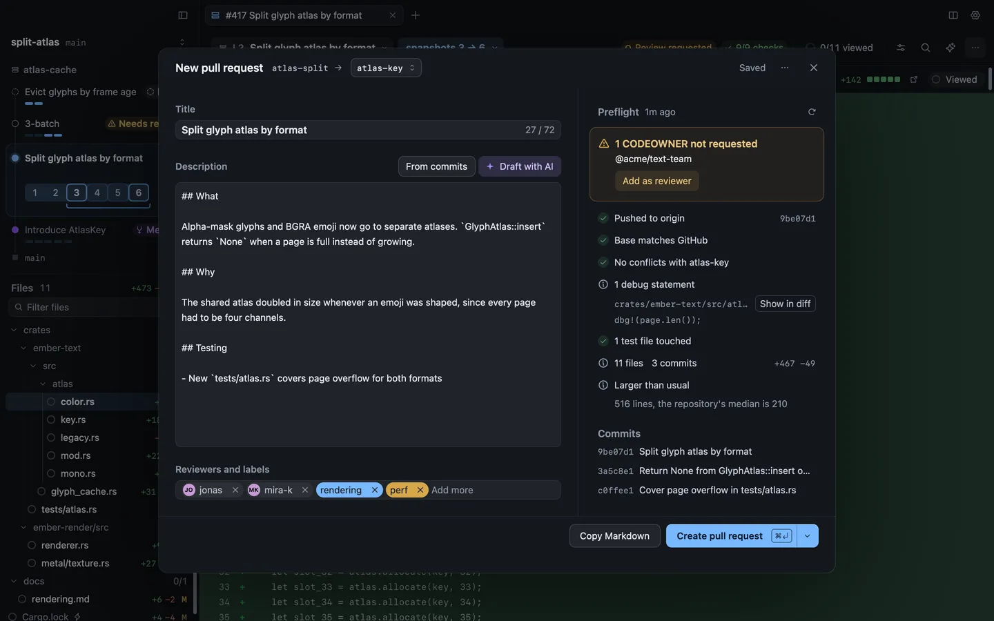 The New pull request sheet with a title, a description, two reviewers and two labels, preflight passed apart from one code owner, and the Create pull request button