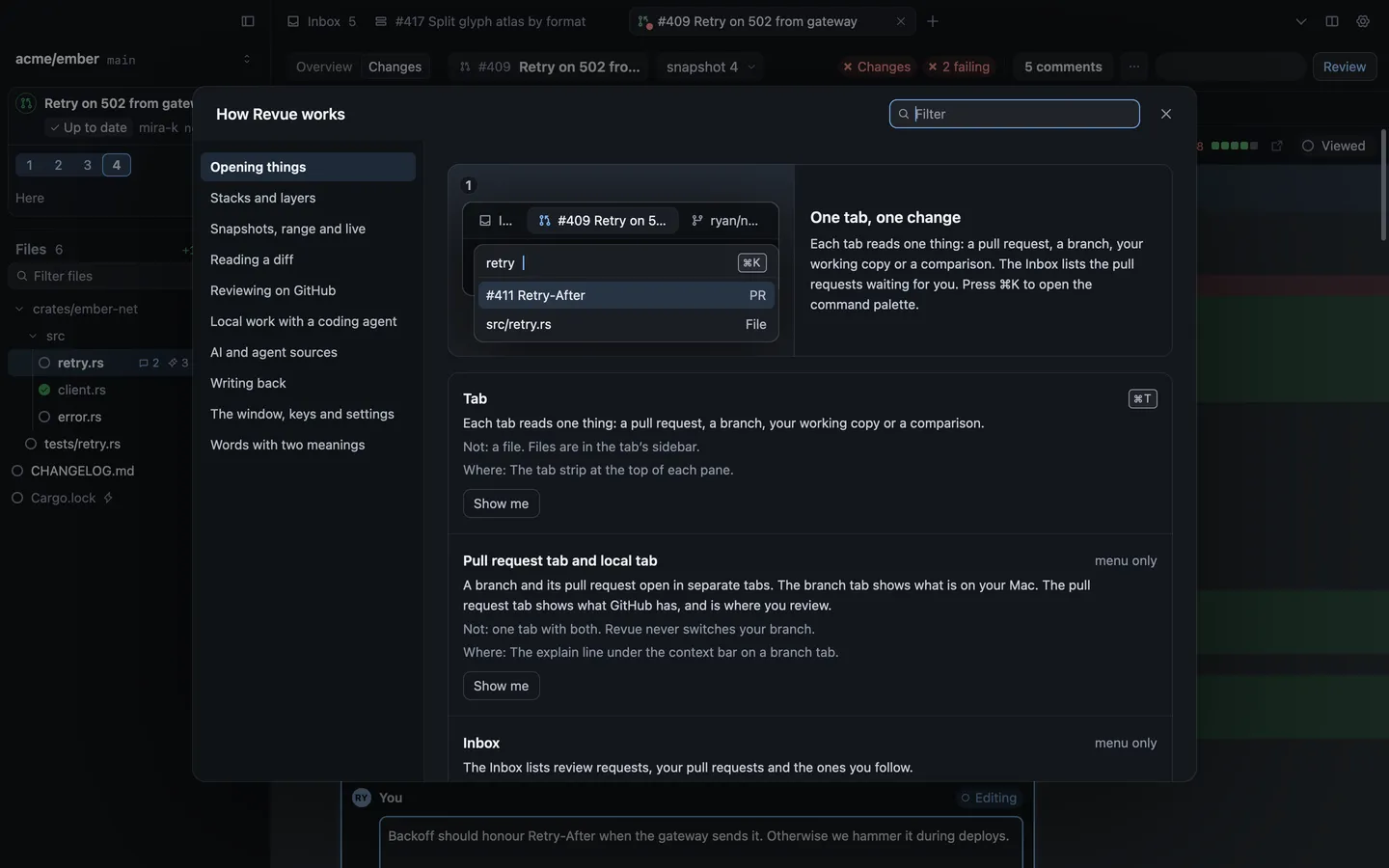 Help › How Revue Works, open on Opening things, with the One tab, one change card and the Tab entry