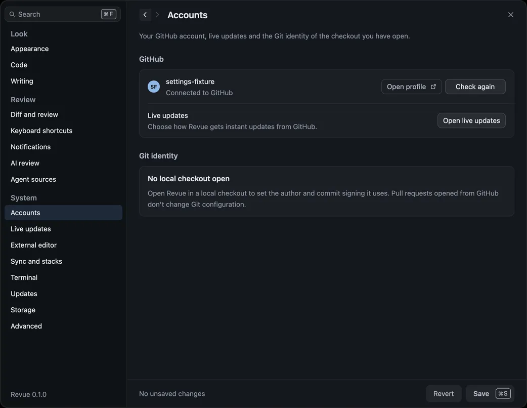 Settings › Accounts with a connected GitHub account, its Open profile and Check again buttons, and the Live updates row