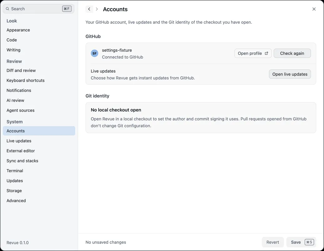 Settings › Accounts with a connected GitHub account, its Open profile and Check again buttons, and the Live updates row