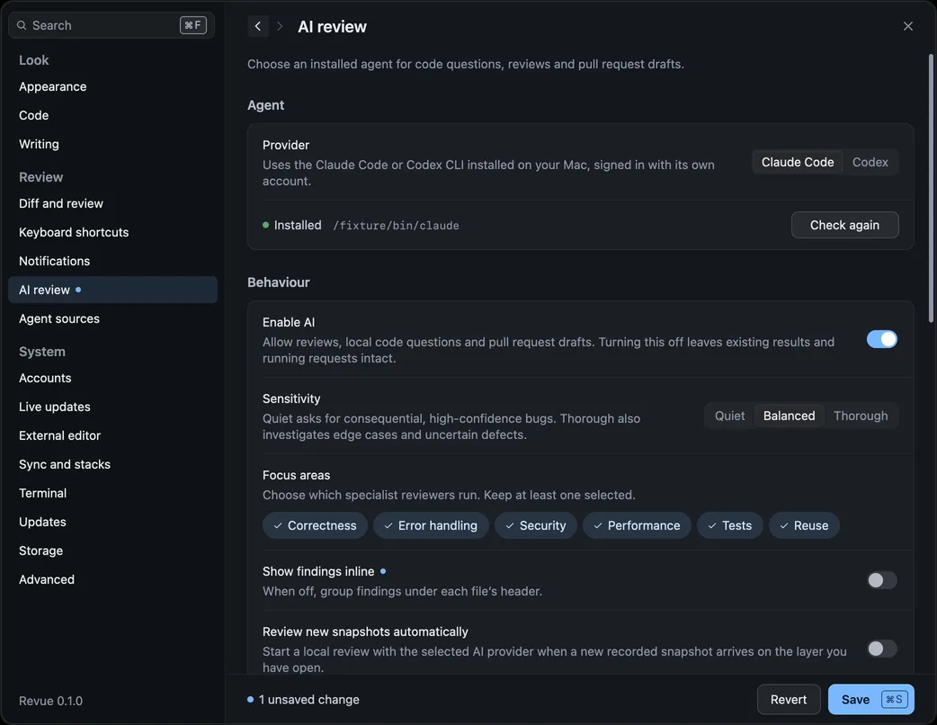 Settings › AI review with Claude Code chosen as the provider and found installed, Enable AI on, Balanced sensitivity and all six focus areas selected