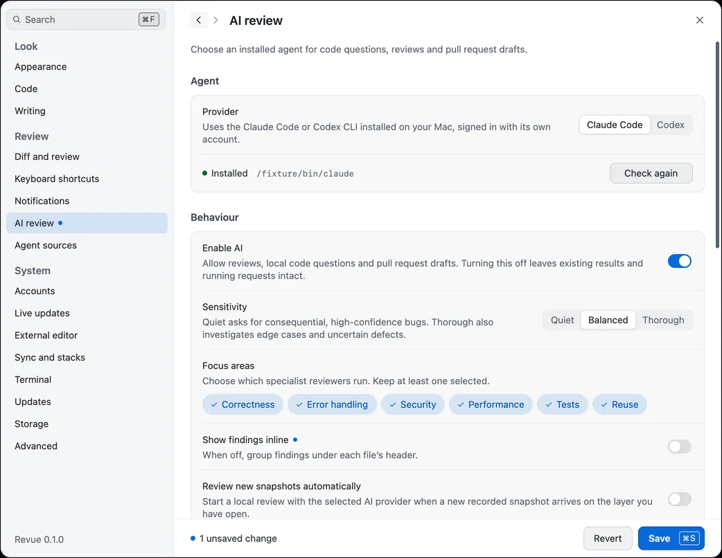 Settings › AI review with Claude Code chosen as the provider and found installed, Enable AI on, Balanced sensitivity and all six focus areas selected
