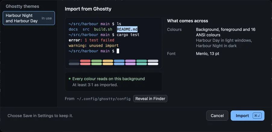 The Import from Ghostty sheet, with a preview of the colours and the font it will take
