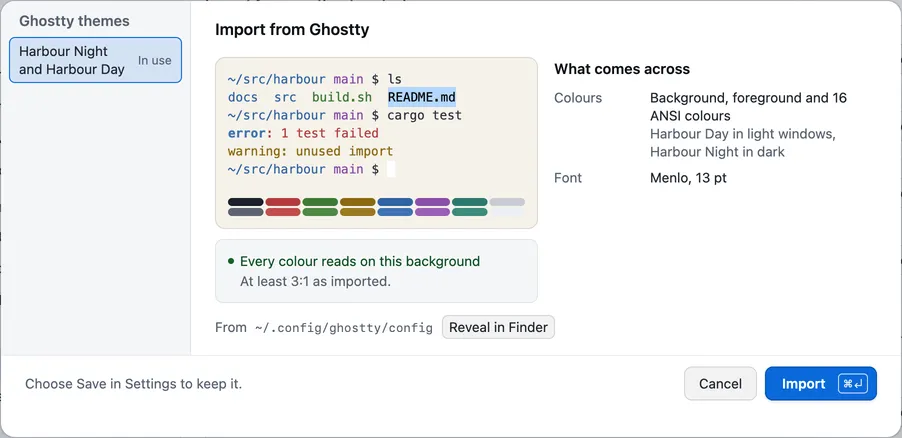 The Import from Ghostty sheet, with a preview of the colours and the font it will take