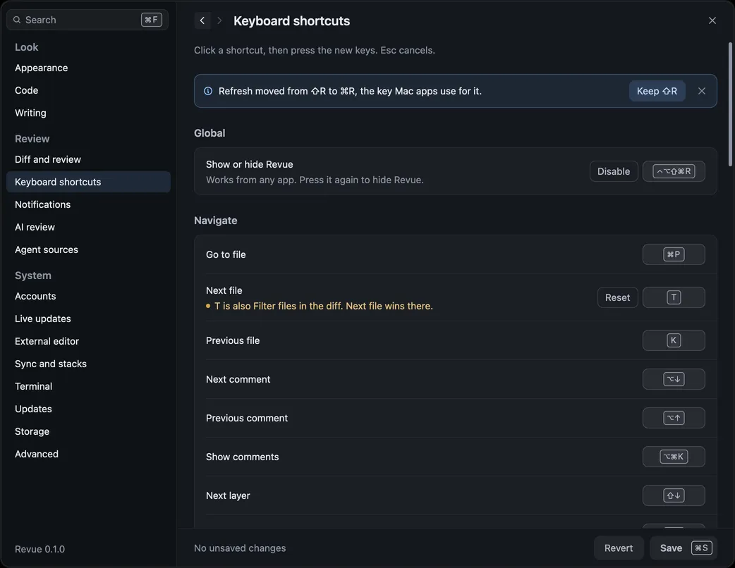 Settings › Keyboard shortcuts, with Show or hide Revue under Global and the Navigate shortcuts below, one changed with its Reset button and a note that its key is also Filter files