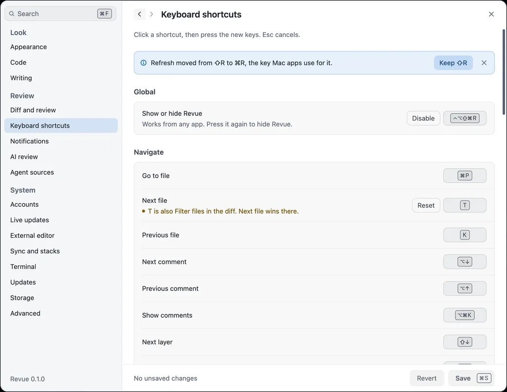 Settings › Keyboard shortcuts, with Show or hide Revue under Global and the Navigate shortcuts below, one changed with its Reset button and a note that its key is also Filter files