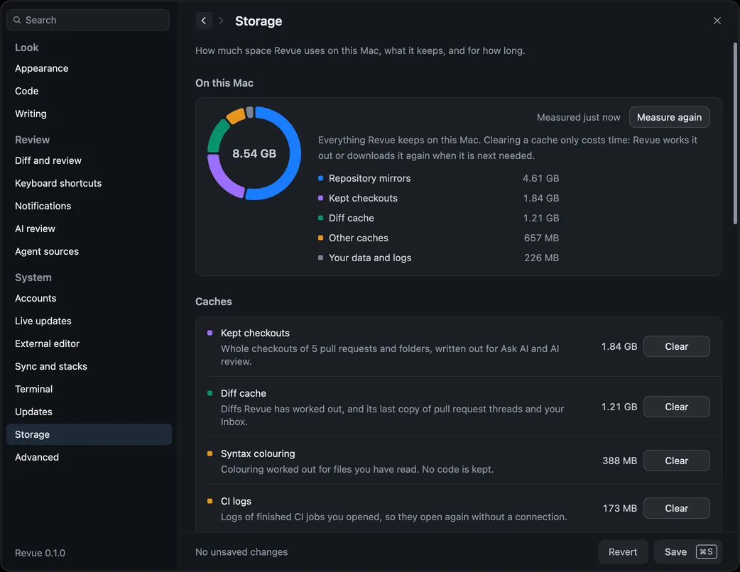 Settings › Storage with a chart of 8.54 GB in five parts, and the Caches rows with their sizes and Clear buttons