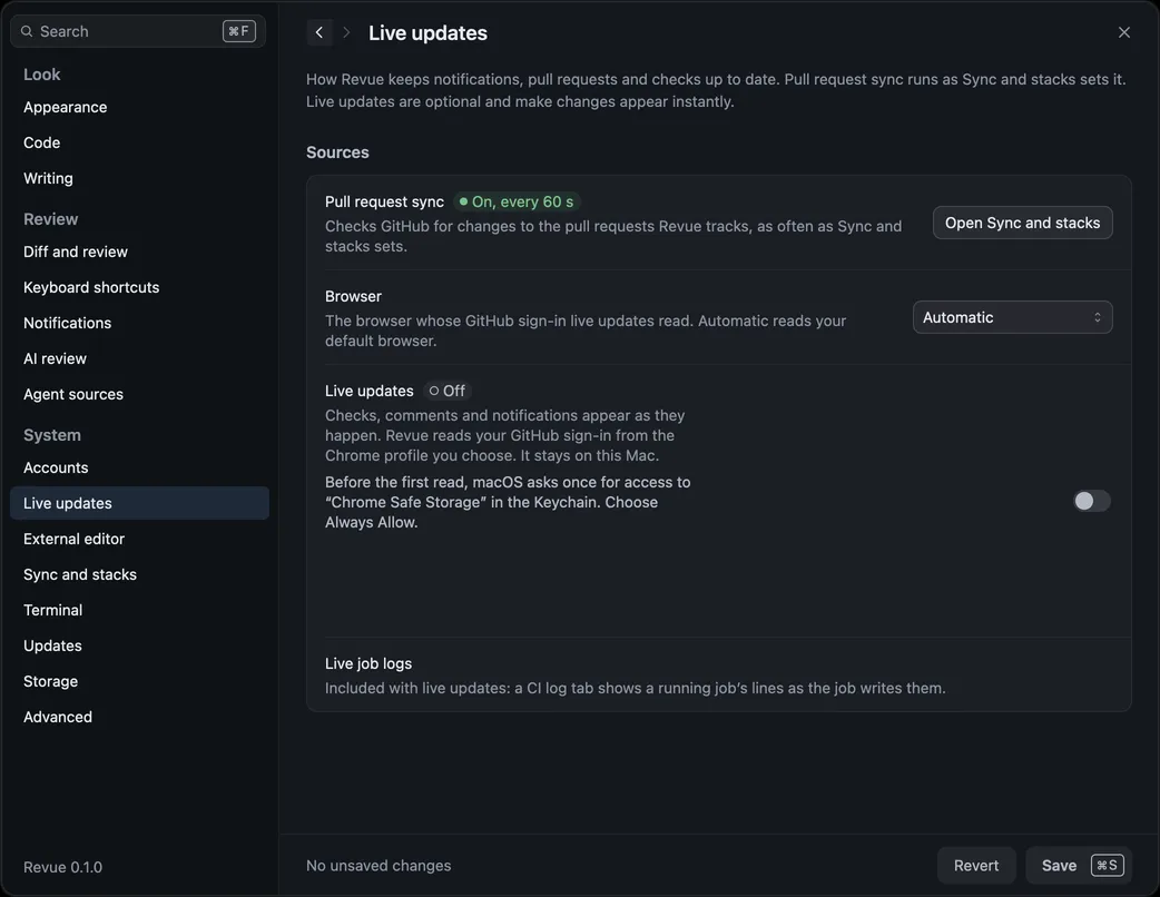 Settings › Live updates with Pull request sync on every 60 seconds, the Browser picker on Automatic, and Live updates off