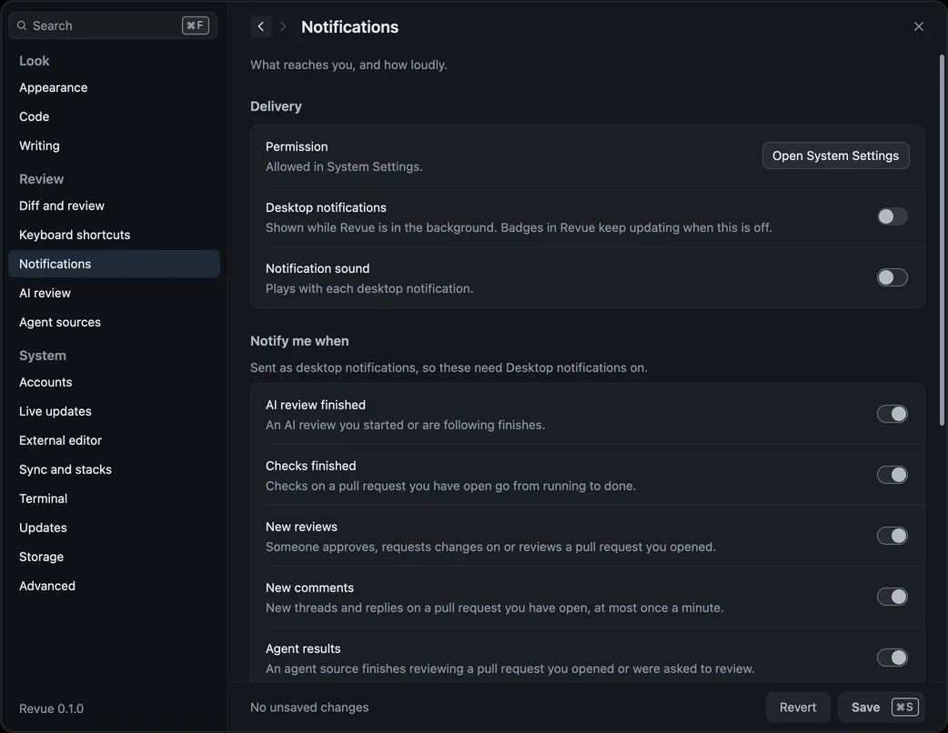 Settings › Notifications with the Permission row, the Desktop notifications and Notification sound switches, and the first kinds under Notify me when