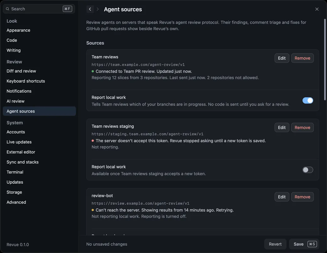 Settings › Agent sources with three sources: one connected and reporting local work, one whose token the server refused, and one Revue can’t reach