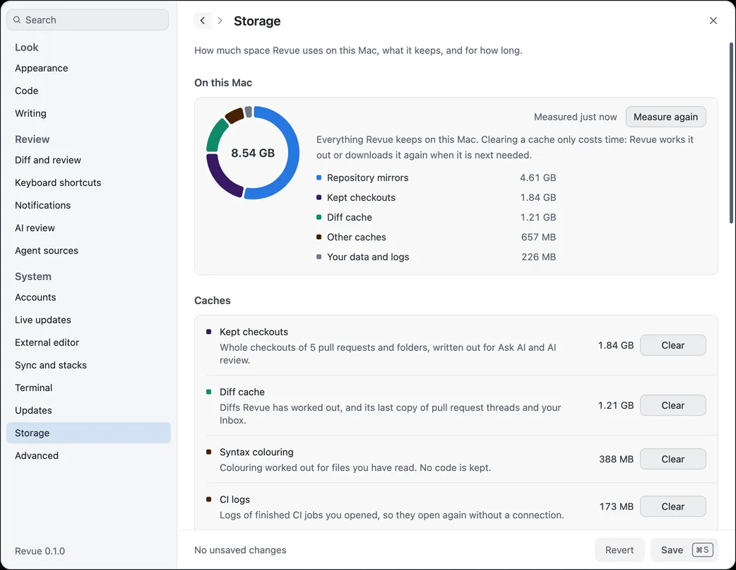 Settings › Storage with a chart of 8.54 GB in five parts, and the Caches rows with their sizes and Clear buttons