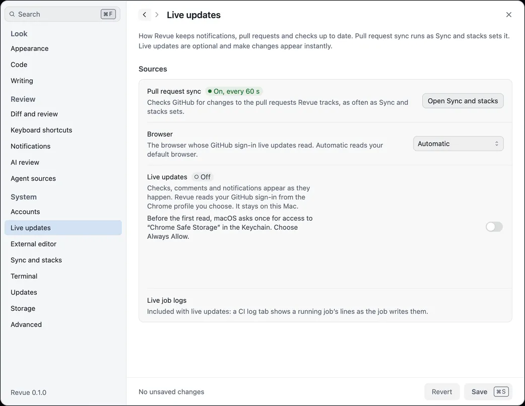 Settings › Live updates with Pull request sync on every 60 seconds, the Browser picker on Automatic, and Live updates off