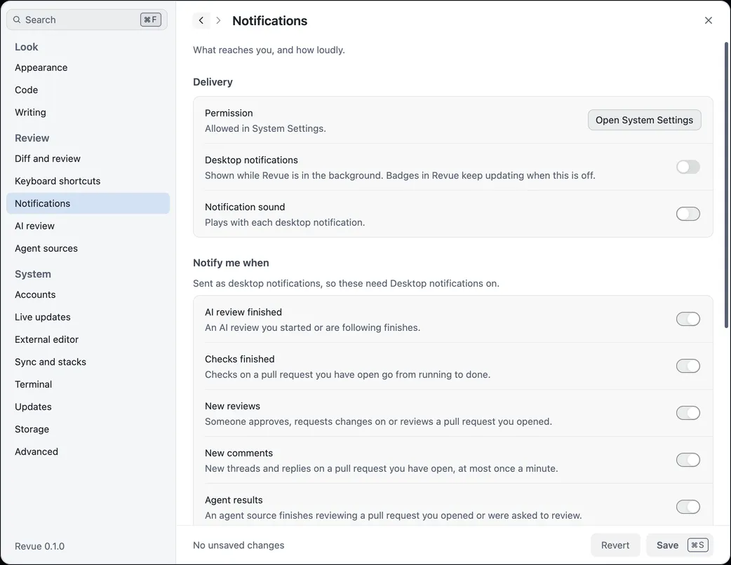 Settings › Notifications with the Permission row, the Desktop notifications and Notification sound switches, and the first kinds under Notify me when
