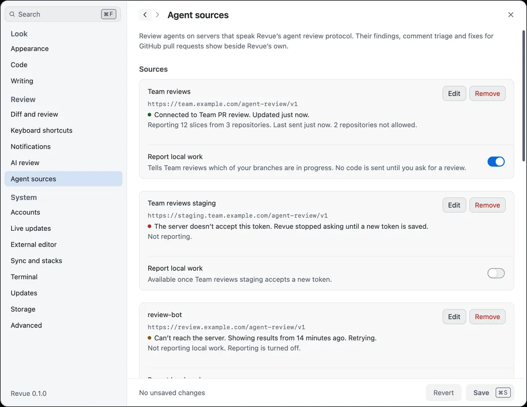 Settings › Agent sources with three sources: one connected and reporting local work, one whose token the server refused, and one Revue can’t reach