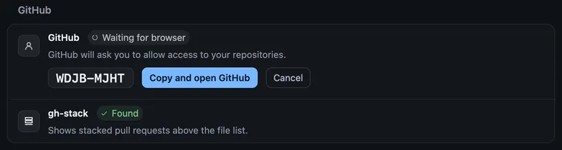 Setup’s GitHub row waiting for the browser, with a code and the Copy and open GitHub and Cancel buttons