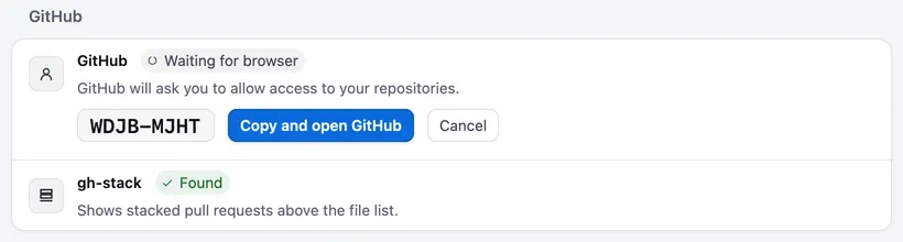 Setup’s GitHub row waiting for the browser, with a code and the Copy and open GitHub and Cancel buttons