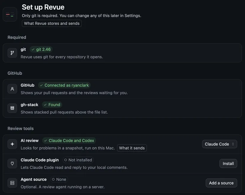 Setup’s first screen, with git, GitHub and gh-stack found, and the Claude Code plugin not installed yet