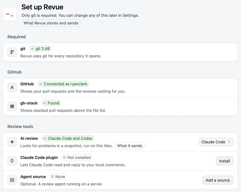 Setup’s first screen, with git, GitHub and gh-stack found, and the Claude Code plugin not installed yet