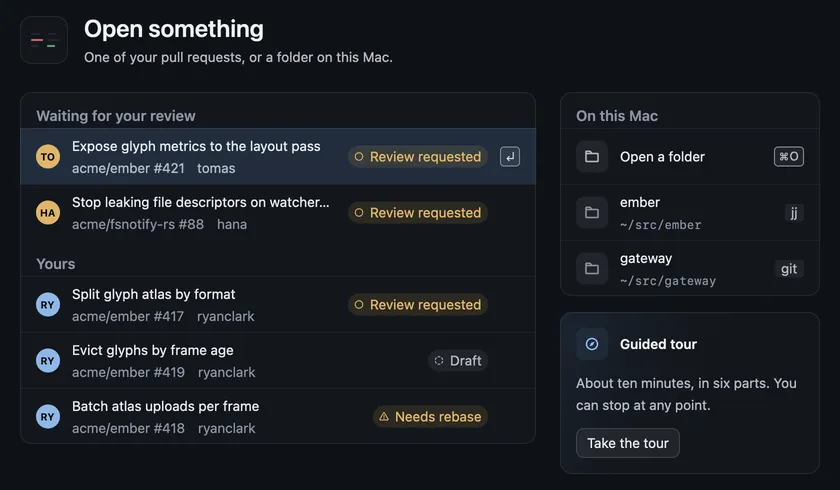 Setup’s Open screen, with pull requests waiting for your review, your own pull requests, and the folders on this Mac