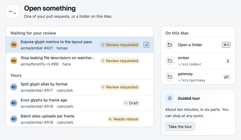 Setup’s Open screen, with pull requests waiting for your review, your own pull requests, and the folders on this Mac