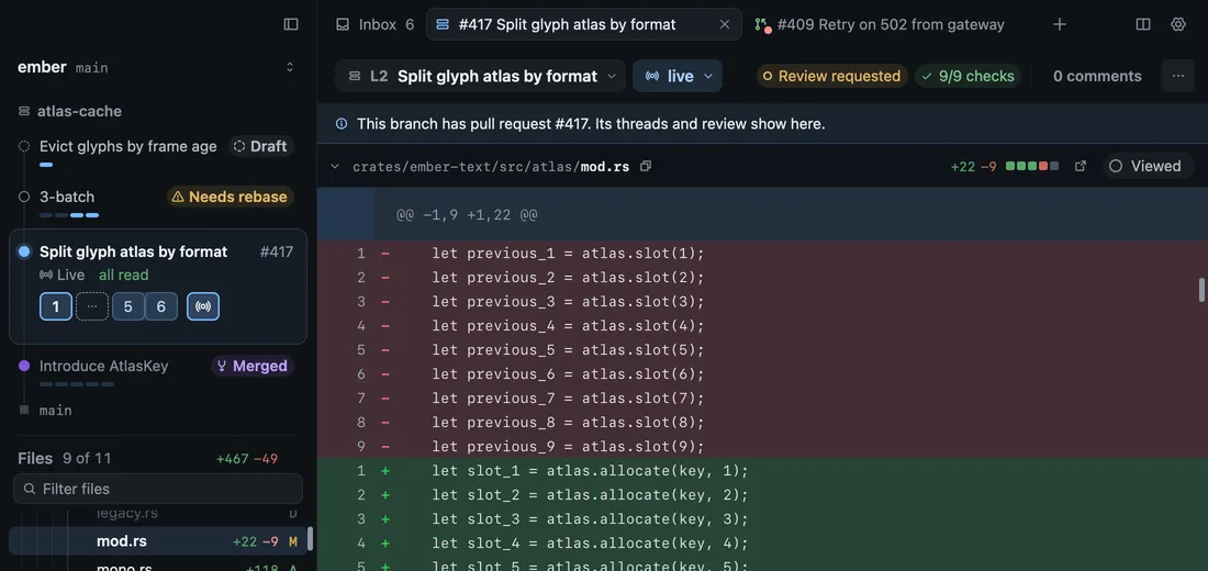 The stack card in the sidebar, listing four layers above main with their states: Draft, Needs rebase, the open layer and Merged