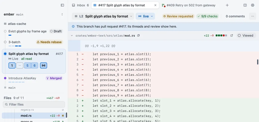 The stack card in the sidebar, listing four layers above main with their states: Draft, Needs rebase, the open layer and Merged