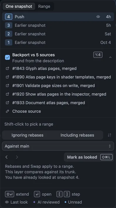 The snapshot menu with Backport vs 5 sources turned on, found from the description, listing each source and Choose source