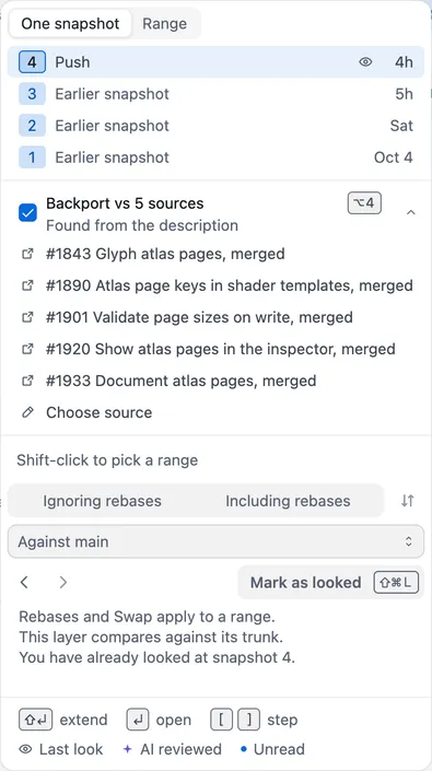 The snapshot menu with Backport vs 5 sources turned on, found from the description, listing each source and Choose source