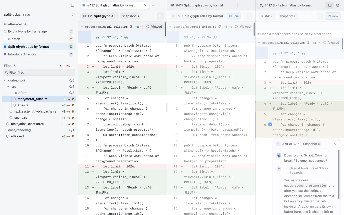 A window split into three panes, two showing the same pull request’s diff and one with Ask AI open
